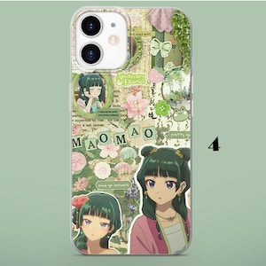 May include: A clear phone case featuring a collage of anime-style illustrations of a character with dark green hair, the text MAOMAO, Apothecary Diaries, and mind ya business, alongside floral motifs, a green bow, and a small frog graphic.