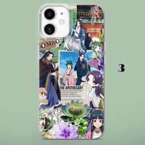 May include: A clear smartphone case featuring a collage of anime-style illustrations from The Apothecary Diaries. The design includes characters in traditional robes, a large green lotus flower, purple blossoms, and text reading THE APOTHECARY.