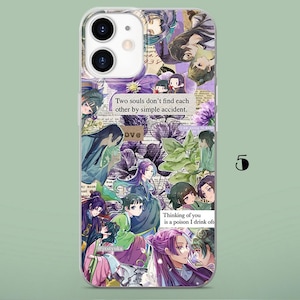 May include: A clear phone case featuring a collage of anime-style characters with purple and green accents. The design includes text that reads, Two souls don't find each other by simple accident, and, Thinking of you is a poison I drink often.