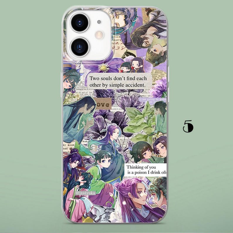 May include: A clear phone case featuring a collage of anime-style characters with purple and green accents. The design includes text that reads, Two souls don't find each other by simple accident, and, Thinking of you is a poison I drink often.