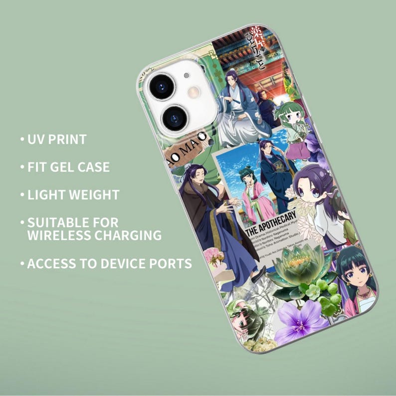 May include: A clear gel phone case featuring a collage of anime-style illustrations from The Apothecary Diaries, including characters in traditional clothing, a lotus flower, and purple blossoms, with the text The Apothecary Diaries visible.