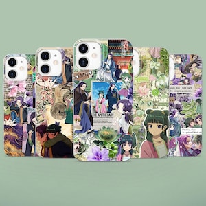 May include: Five smartphone cases featuring a collage of anime-style illustrations, including characters in traditional clothing, floral motifs, and text elements like The Apothecary and Mao Mao, set against a light green background.