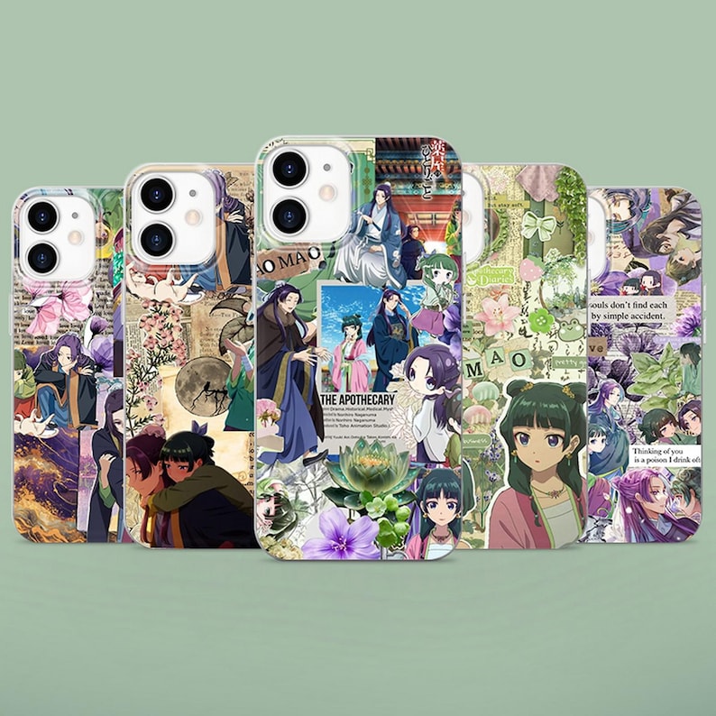 May include: Five smartphone cases featuring a collage of anime-style illustrations, including characters in traditional clothing, floral motifs, and text elements like The Apothecary and Mao Mao, set against a light green background.