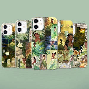 May include: Five smartphone cases featuring a collage of Tiana from The Princess and the Frog in various green gowns, alongside frogs, fireflies, and water lilies. The designs incorporate scenes from the bayou, vintage book pages, and floral elements.