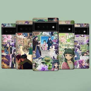 May include: Five smartphone cases featuring a collage of anime-style illustrations from The Apothecary Diaries. The designs include characters in traditional clothing, floral motifs, a lotus flower, and text elements like The Apothecary and Mao Mao.