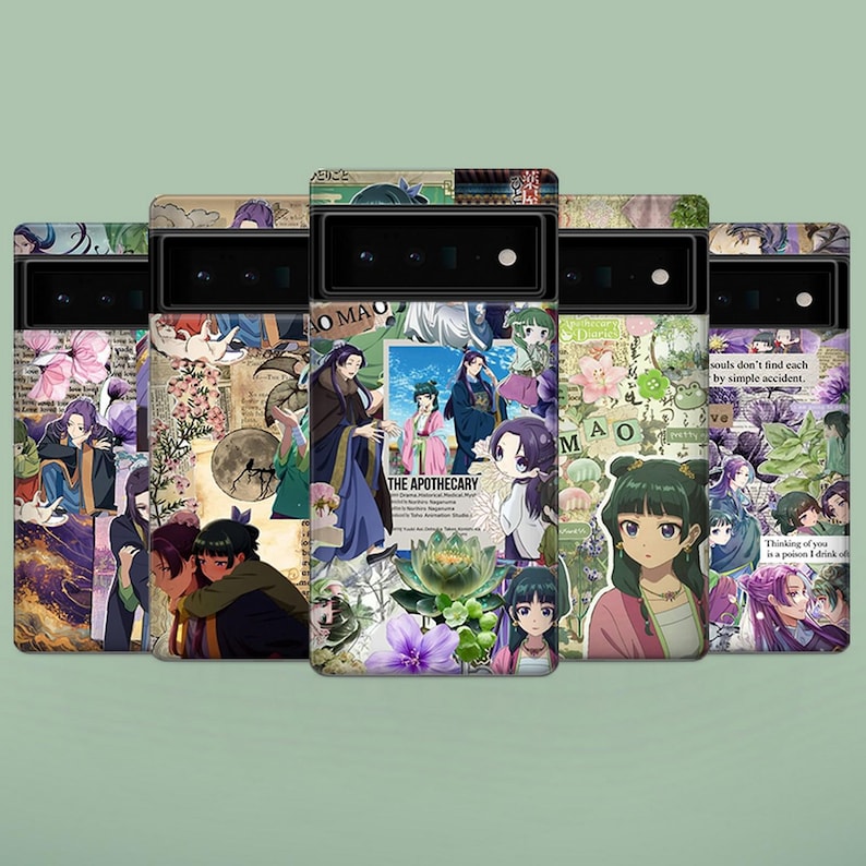 May include: Five smartphone cases featuring a collage of anime-style illustrations from The Apothecary Diaries. The designs include characters in traditional clothing, floral motifs, a lotus flower, and text elements like The Apothecary and Mao Mao.