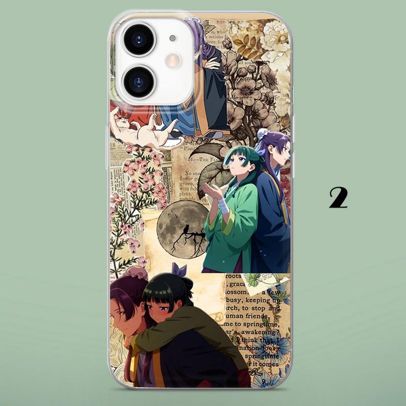 May include: A clear smartphone case featuring a collage of anime-style characters, floral illustrations, and vintage-style newspaper text. The design includes a moon graphic, a cat, and multiple figures in traditional-style clothing in shades of green, blue, and brown.