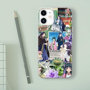 May include: A smartphone case featuring a collage of anime-style illustrations from The Apothecary Diaries. The design includes characters in traditional robes, a green lotus flower, purple blossoms, and text reading THE APOTHECARY.