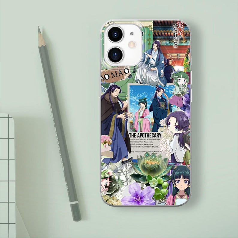 May include: A smartphone case featuring a collage of anime-style illustrations from The Apothecary Diaries. The design includes characters in traditional robes, a green lotus flower, purple blossoms, and text reading THE APOTHECARY.