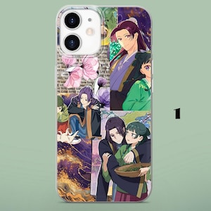 May include: A clear smartphone case featuring a collage of anime-style illustrations depicting two characters in traditional-style clothing. The design includes pink cherry blossoms, purple abstract patterns, and text repeating the word love.