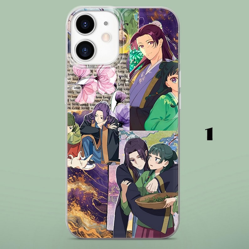 May include: A clear smartphone case featuring a collage of anime-style illustrations depicting two characters in traditional-style clothing. The design includes pink cherry blossoms, purple abstract patterns, and text repeating the word love.