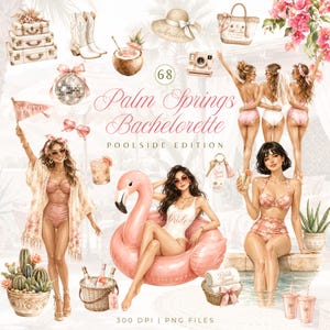 May include: A digital collection of Palm Springs Bachelorette Poolside Edition illustrations featuring a pink flamingo float, luggage, cowboy boots, a straw hat, a tote bag, a camera, a basket of drinks, and various figures in swimwear.