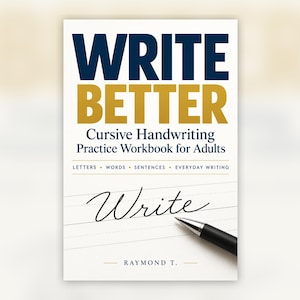 May include: A white workbook cover titled WRITE BETTER Cursive Handwriting Practice Workbook for Adults. The text includes LETTERS, WORDS, SENTENCES, EVERYDAY WRITING, and the author name RAYMOND T. A black pen rests on a cursive word Write.