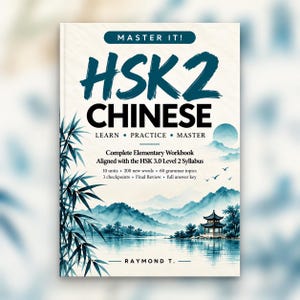 May include: A softcover workbook titled HSK 2 CHINESE MASTER IT! featuring a blue and white ink-wash style landscape illustration of mountains, a pagoda, and bamboo. The cover text includes Complete Elementary Workbook, Aligned with the HSK 3.0 Level 2 Syllabus, 10 units, 200 new words, 60 grammar topics, 3 checkpoints, Final Review, full answer key, and the author name Raymond T.