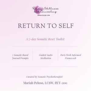 Puede incluir: Un documento digital titulado Return to Self, un kit de reinicio somático de 7 días de Relevé Wellness and Counseling, Mariah Peloso, LCSW. Incluye 7 indicaciones de diario somático, meditación de audio guiada y un marco de trabajo.