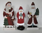 3 Vintage painted wood Santa Claus Figurines, 12 quot , St. Nicolas, Christmas trees, Primitive folk art, Holiday decor, table centerpiece, gift
