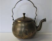 Vintage Asian brass tea kettle, etched floral design, Chinese home decor, rustic Farmhouse kitchen, 9 quot x 6 1 2 quot , Chinoiserie, gift idea