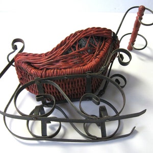 Vintage red wicker and black metal Santa Sled, wicker doll sleigh, Sleigh Christmas ornament, holiday centerpiece, gift container, gift idea image 7