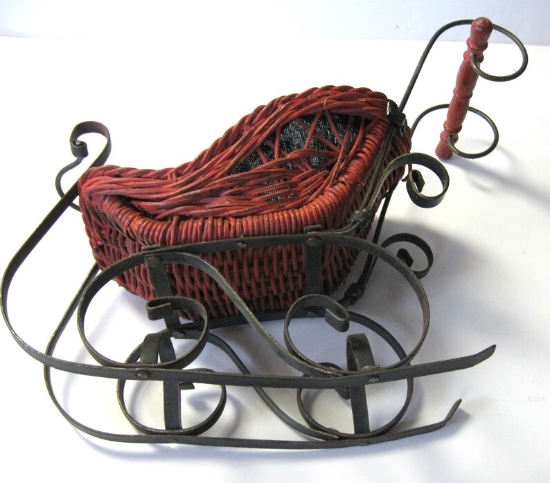 Vintage red wicker and black metal Santa Sled, wicker doll sleigh, Sleigh Christmas ornament, holiday centerpiece, gift container, gift idea image 7