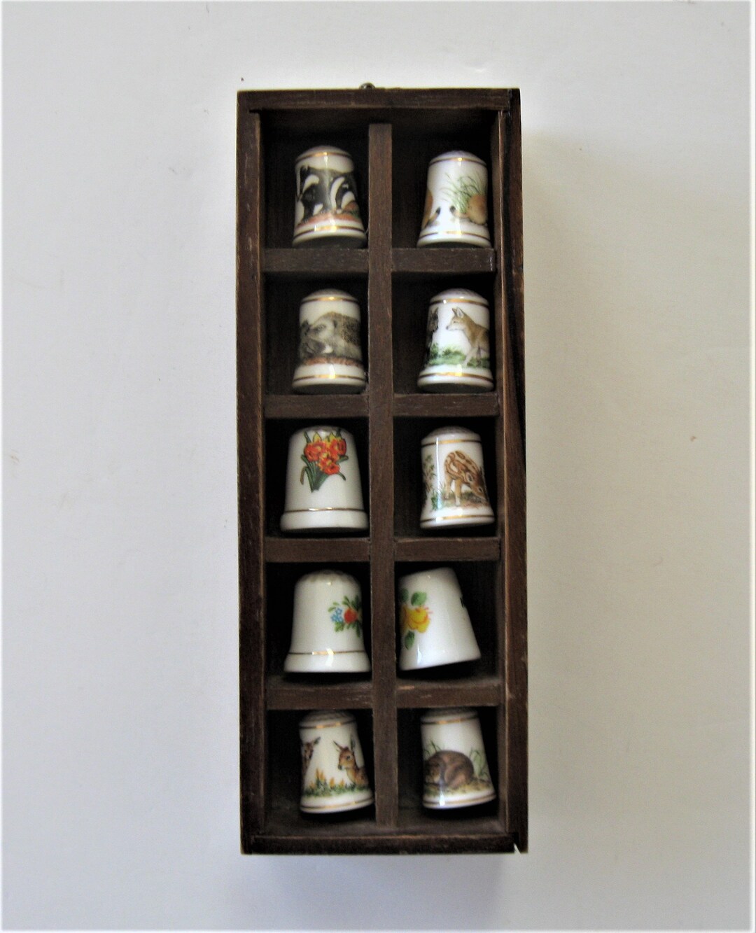 Vintage Dark Wood Thimble Display Case Hanging Wood shelf Trinkets Holder