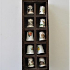 20 Vintage Porcelain Sewing Decorative Thimbles Geographic Town Collection  Blue Black White in Wooden Display Case Shelf Holder Gift Idea 