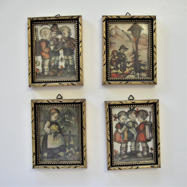 Set of 4 vintage framed German Hummel prints, 2 1/2" x 3 1/2", shabby nursery décor, gold textured wood frames, tiny art gallery wall, gift