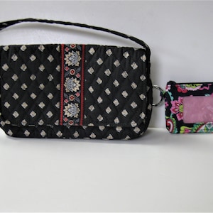 Vera Bradley black quilted fabric handbag,  9 1/2" x 6",  ID holder, coin purse, black floral accessories, French Country purse, gift idea