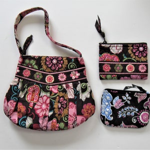 Bundle of Vera Bradley floral quilted fabric handbag and 2 quilted ID pouches, 9" x 7",  Vera Bradley floral purse, zippered closures