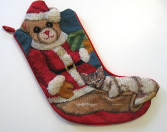 Vintage needlepoint Kitty Cat and Santa Teddy Bear Christmas stocking, 17" long, fireplace decor, Santa hat, Christmas Eve, gift for kids