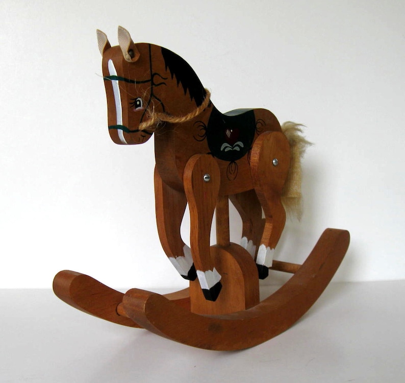 gift idea Heart Nursery decor 11 x 9 Primitive Folk Art jointed legs Vintage painted wood Rocking Horse