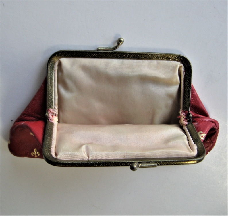 Florentine wallet gift idea gold stamped Fleur de Lis design Vintage gold stamped red Italian leather coin purse 6 12 x 4 kiss lock