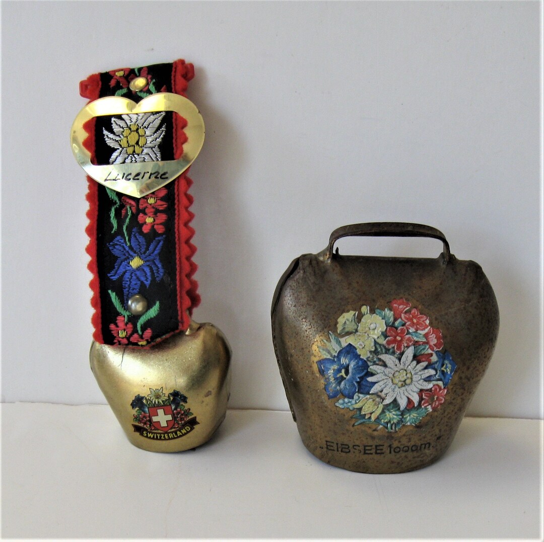 2 Vintage Swiss Cow Bells Hand Painted Flowers Woven Strap Etsy