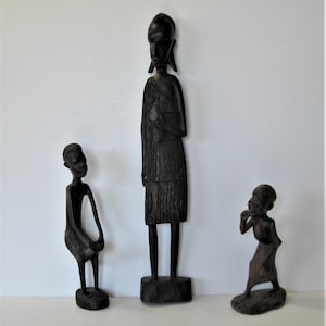 3 vintage African hand carved wood figure statues, largest 12&quot; tall, small Man and Woman handmade sculptures, tribal home decor, gift idea