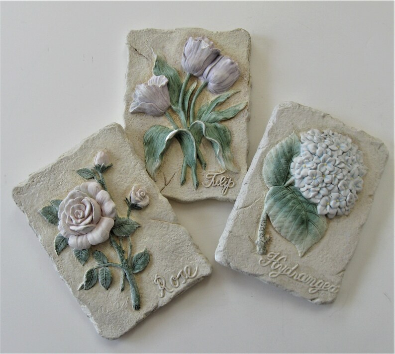 Set of 3 floral ceramic wall plaques 5 x 7 each Etsy