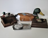 Lot of Vintage Duck Decoy home decor, wood playing card box, Hand Carved wood decoy, metal tray and coasters, duck box storage, gift for him