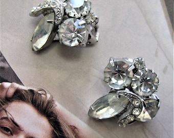 Antique rhinestone clip on earrings, 1" x 1", wedding earrings, silver tone. Mid Century style, vintage rhinestone jewelry, gift