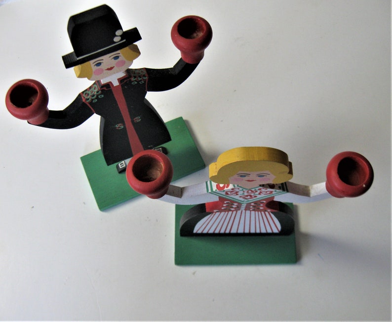 Hemslojden Boras 10 12 tall Pair of Swedish hand painted wooden candlestick holders Folk Art Bavarian man and woman figures gift