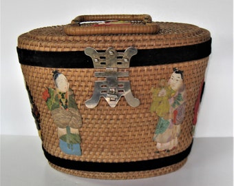 SALE, Large Ritter Straw handbag, 11" x 8",  Hinged Lid, Asian figures embellishment, metal hardware, fabric lining, velvet ribbon, gift