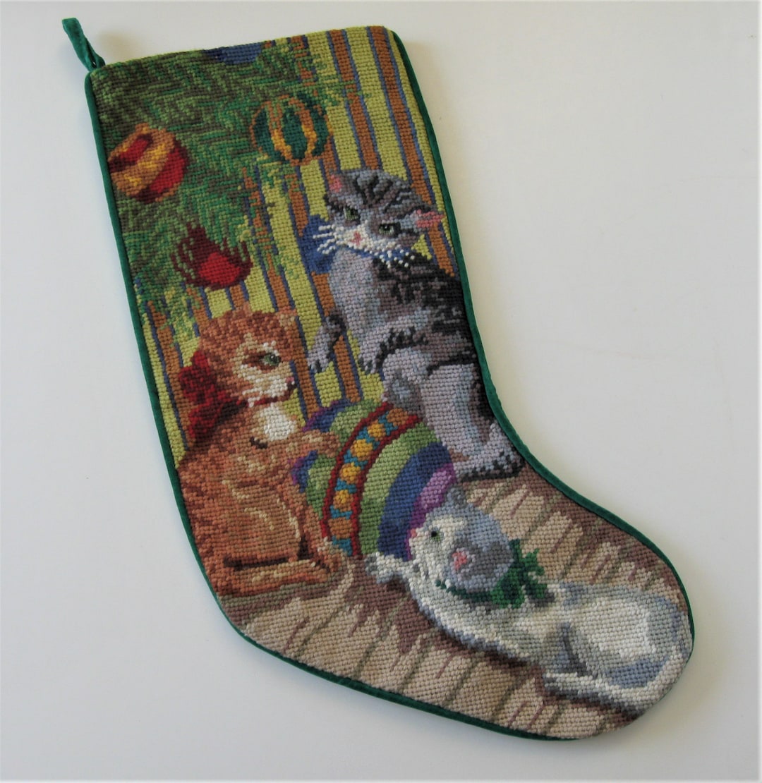 Vintage Needlepoint 3 Kittens Cat Christmas Stocking Etsy