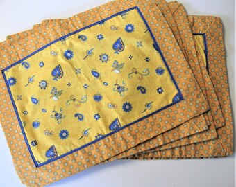 6 vintage French Country Placemats, 17" x 12", yellow and blue, Country French kitchen, floral cotton table linens, Pierre Deux style, gift