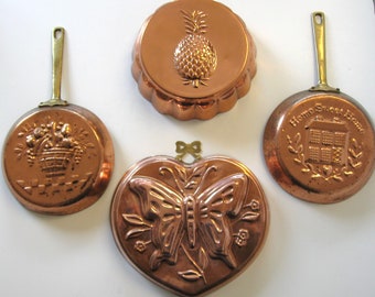 4 vintage copper wall hangings, 2 molds, 2 pans, 8" x 8" largest, Jell-O wall molds, Heart, pineapple, butterfly, Home, copper gallery wall