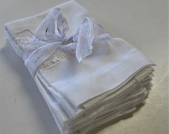 Set of 7 shabby white cotton vintage napkins, 11" x 12", cut work corners, Retro Table Linens, Wedding, Tea, Shower, MidCentury Style, gift