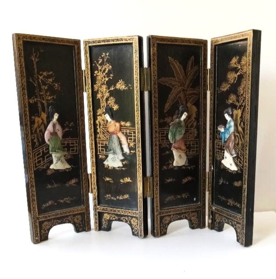 Antique Folding Black Lacquered Asian Table Screen, 4 Carved Antique Folding Black Lacquered Asian Table Screen, 4 Carved