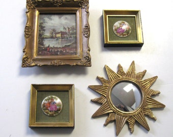 4 vintage Florentine style wall hangings, starburst wall mirror, framed ceramic pastoral scenes, framed Italy landscape print, wall gallery