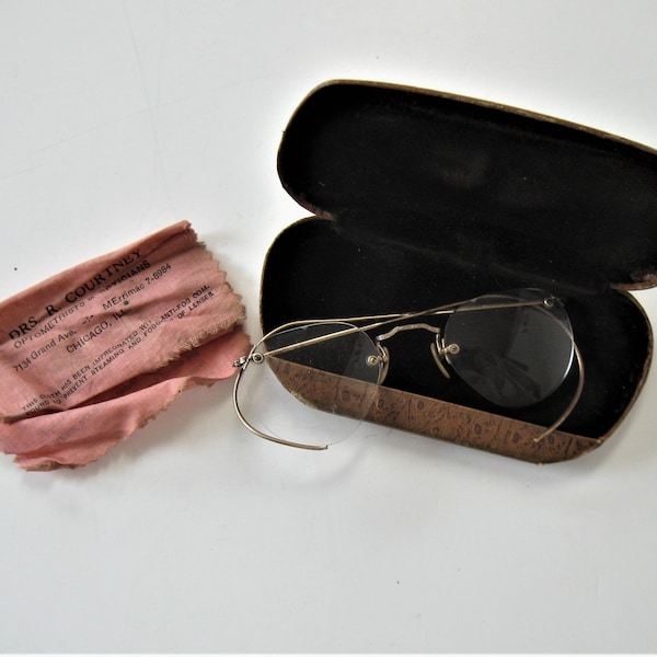 Vintage gold tone rimless bifocal eyeglasses with case, metal eyeglass case, stage prop, prescription spectacles, unisex, gift idea