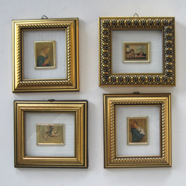 4 gold framed 23K gold leaf foil Chromolithograph prints, Italian Madonna and cherub wall hangings, vintage Italian gallery wall décor, gift