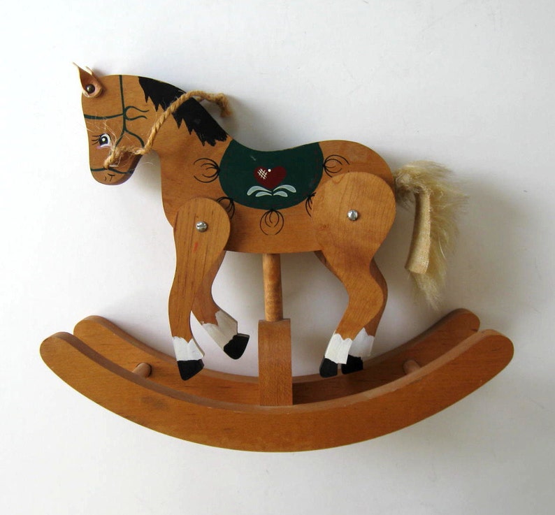 gift idea Heart Nursery decor 11 x 9 Primitive Folk Art jointed legs Vintage painted wood Rocking Horse