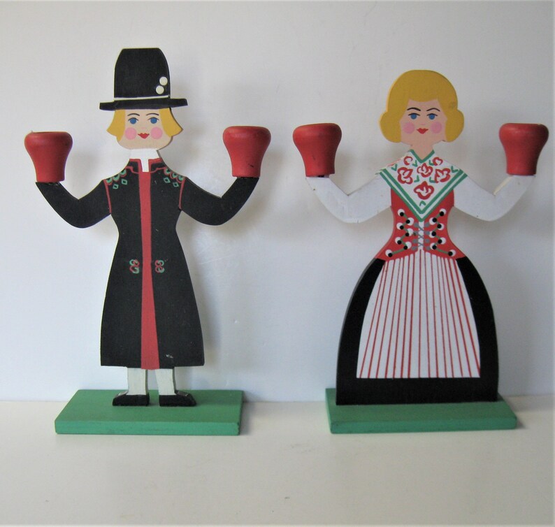 Hemslojden Boras 10 12 tall Pair of Swedish hand painted wooden candlestick holders Folk Art Bavarian man and woman figures gift