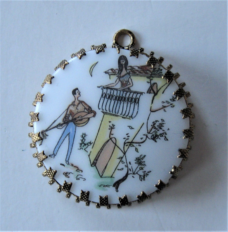 Romeo and Juliet Vintage painted necklace pendant woman/'s accessory 1 12 diameter gold filigree trim man serenading woman gift