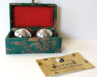 Vintage Ying Yang silver Baoding Balls,1 3/4" diameter, green silk box, Chinese chiming Medicine balls, Exercise ball, direction booklet